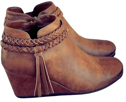 Fashare Womens Wedge Ankle Boots Braided Fringe Strap Western Heeled Winter Booties Shoes,Leather Brown, Size 8.5