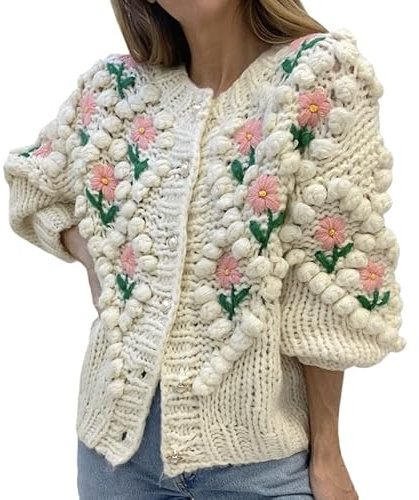 Gilet Femme Chic,Cardigans Tricotés pour Femmes Vintage Beige Bouton De Broderie Au Crochet Fait À La Main À Manches Longues Pulls Ouverts sur Le Devant Cardigan Automne Élégant Doux Tricot VES