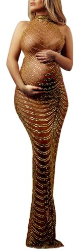 Dedysler Abito da Fotografia maternità Senza Maniche Sexy Lucido Strass Photoshoot Dress per Baby Shower, Marrone (Strass Oro), L