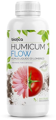BIOTICA Humus di Lombrico Liquido Naturale 100% Biologico Italiano 1 Litro - HUMICUM FLOW Fertilizzante Naturale, Concime per Piante, Fiori e Orto - Riduce lo Stress delle Piante (1 Litro)