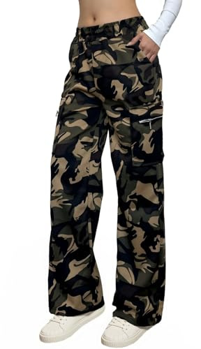 Nuofengkudu Mimetici Lungo Cargo Pantaloni della Tuta Larghi Cerniera Laterale Tasche Elastico Vita Alta Jogging Sportivi Pantalone Felpati Casa Comodi Joggers Pants Lavoro Adolescente Y2K Verde XL
