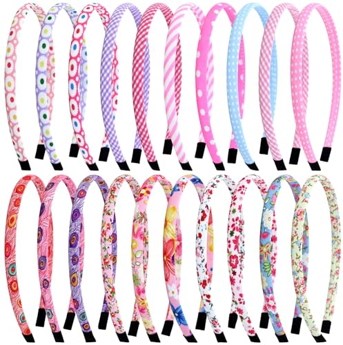 Yoosit 20 Pieces Candy Colors Floral Printed Elastic Plastic Headbands for Girls Thin Cloth Covered Hair Bands for Kids Pink Fabric Lined Hairbands Birthday Party Headwears for Little Girls