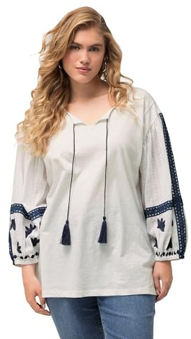 Ulla Popken Bluse, Stickerei, Tunika-Ausschnitt, Langarm Buse con Bordado en Las Mangas, Blanco Nieve, 50-52 Mujeres