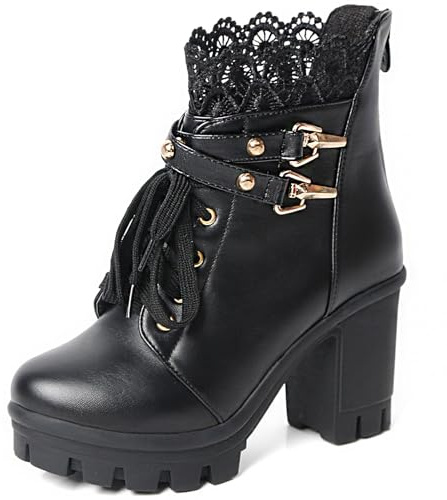 MEOTINA Punk Platform Combat Boots Goth Lace Rivets Chunky Heel Ankle Boot