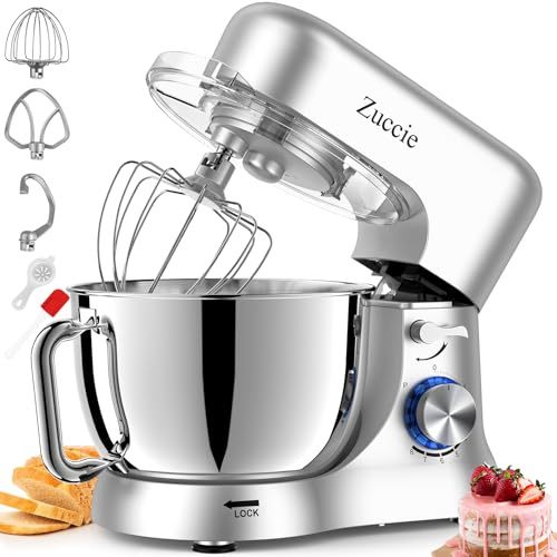 Küchenmaschine, Zuccie Knetmaschine Leise Rührmaschine inkl 5L Edelstahlschüssel 3-Rührwerkzeuge Spritzschutz Teigschaber und Eiertrenner, 8+P Geschwindigkeit Teigmaschine