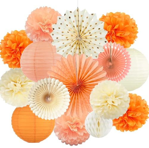 Orange Beige Pfirsich Party Dekorationen Seidenpapier Pompoms Papier Fans Fächer und Wabenbälle Dekorpapier Kit für Herbst Party Geburtstag Hochzeit Baby Dusche Brautdusche Dekorationen