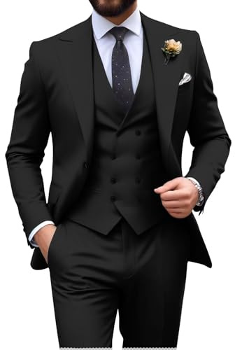 Mens Suit Slim Fit 3 Piece Double Breasted Suit Men Formal Tuxedo Set Casual Wedding Prom Groom Suits, Black, XL