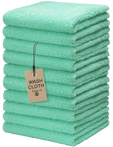 Textila Terry Wash Cloths – Pack of 10, Aqua Green, 12x12 Inches – Soft, Absorbent & Multipurpose Cotton Washcloths for Face, Hand, Bath, Kitchen, Spa, Gym & Hotel Use