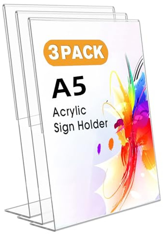 A5 Acrylic Sign Holder, 3Pack L-Shape Menu Holders, Poster Display Stand | Table Sign Stand Message Board for Posters, Price Lists, Exhibition, Office, Shop, Restaurant