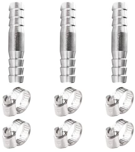Lyeteung 3 Piezas 10mm Racores de Manguera Rectos, Conectores de Manguera de Acero Inoxidable, Conectores de 2 Vías de Acero Inoxidable 304, con 6 Piezas Abrazaderas, para Aire, Gas, Agua
