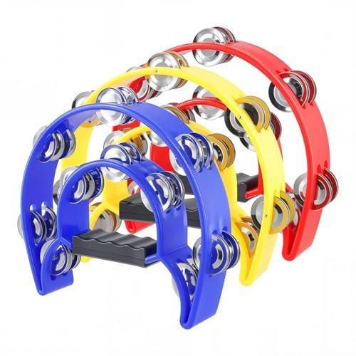 ZOENHOU 3 Panderetas de Media Luna Doble Fila con Cascabeles de Metal, Mango Ergonómico Antideslizante para Músicos, Bandas y Clases de Música (Rojo, Amarillo, Azul) - 23x20 cm
