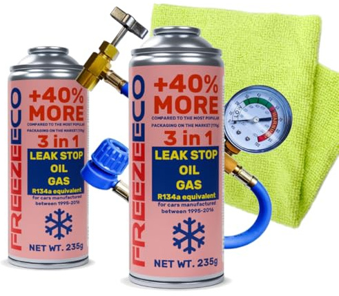 FreezeEco 2x 3-in-1 R134a Replacement Refrigerant for Air Conditioning with Oil and Sealant + Hose + Cloth