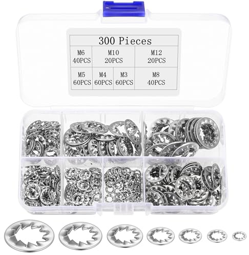 300 Pcs Stainless Steel Washers Assorted, Internal Tooth Lock Washers, Toothed Serrated Lock Washer Set, Shakeproof Locking Washer Assortment Kit(M3/M4/M5/M6/M8/M10/M12)
