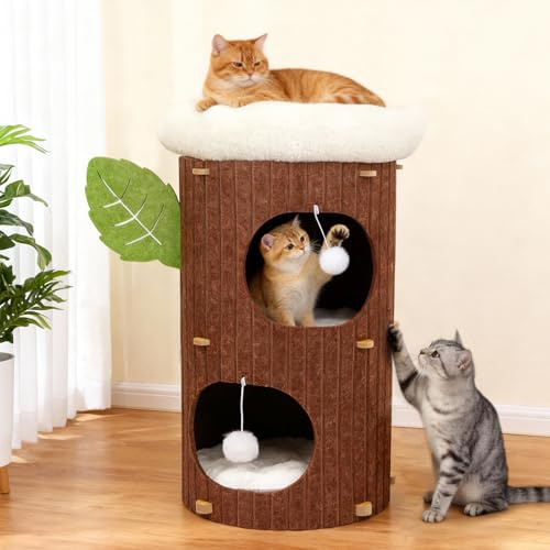 Arbre à Chat - Griffoir de Luxe avec Maison de Couchage pour Chat, Planche en sisal, lit Amovible et Balle de Jeu, Meuble Stable pour Les foyers de Plusieurs Chats (Brun, Tonneau à gratter)