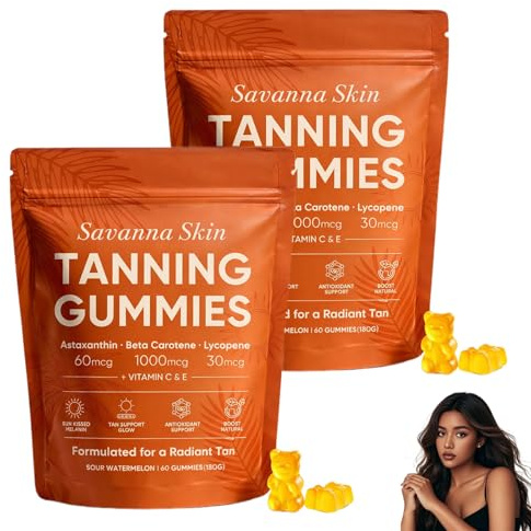 Savanna Skin Tanning Gummies, Fast Tan Without Sun, High Strength Beta Carotene Self Tanning Gummies for Sunless Glow, Sunbed Tanning Accelerator, 60 Capsules (2 Bags)