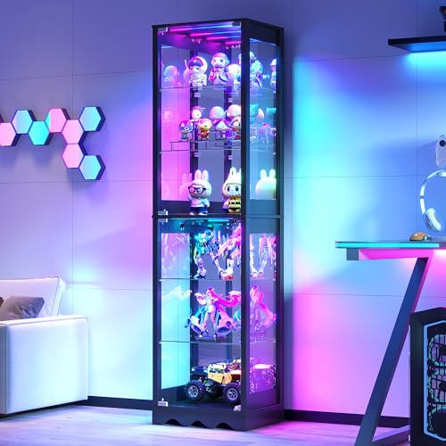 FREDEES Glass Display Cabinet with RGB Lights, 6 Tiers, Black | with Adjustable Shelves, Ample Storage Space, Smart Human Sensor, for Collectibles/Toys/Books, for Living Room