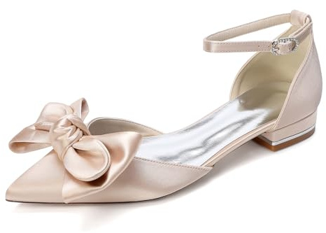 Generico Scarpe Sposa Donna in Raso con Fiocco Punta Affusolata Tacco Basso Largo Cinturino alla Caviglia Scarpe da Matrimonio Eleganti,Champagne,42 EU
