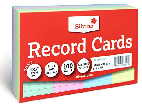 Silvine 5x3 Assorted Colour Flash Cards - Lined (100 Record Cards) 4 Colours for Study, Presentations and Notes