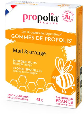 PROPOLIA - Gomme de Propolis, Miel & Orange - Apaise la gorge et rafraîchit l'haleine - Complément alimentaire - 100% naturel - Fabriquées en France - 45 g
