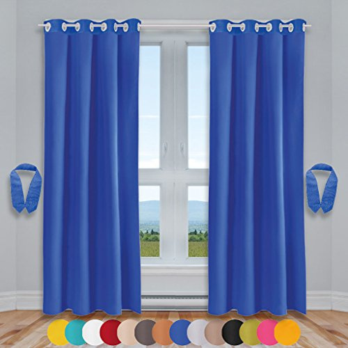 Bestlivings Lot de 2 rideaux décoratifs à œillets avec embrasses et crochets, 140 x 145 cm, Polyester, Bleu roi, 140 x 245 cm