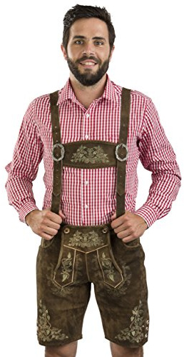 Schöneberger Trachten Couture Herren Trachtenlederhose braunes Leder - grüne Stickereien - Klassische Lederhose inkl. Hosenträger für Oktoberfest Herbstlaub (56)