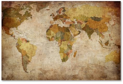 Postereck - 0459 - Vintage Weltkarte, Karte Bunt Länder Kontinente - Unterricht Klassenzimmer Schule Wandposter Fotoposter Bilder Wandbild Wandbilder - Leinwand - 100,0 cm x 75,0 cm