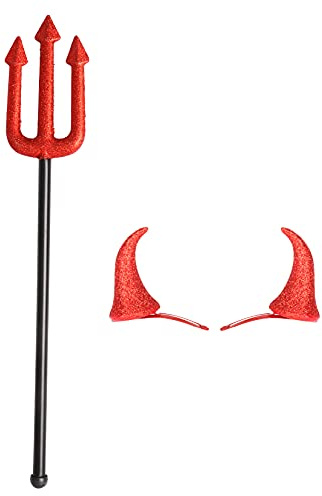 Inxens Glitter Red Devil Horns Hair Clips and Devil Pitchfork Set for Halloween Devil Costume
