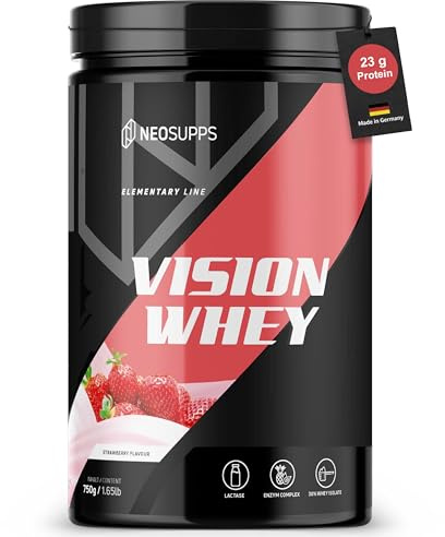 Neosupps Vision Whey Strawberry 750g, Eiweiss Protein Pulver mit geprüfter Qualität für Muskelaufbau, Eiweißpulver mit Milch anrührbar, Whey Protein aus hochwertigem Molkenprotein, Made in Germany