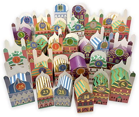 MIJOMA Ramadankalender zum Befüllen - 30 bunte Geschenkschachteln mit Automatikboden, Goldfoliendruck - Ramadan Kalender & Zahlenaufkleber - vielfältige Designs - Eid Mubarak - wiederverwendbar