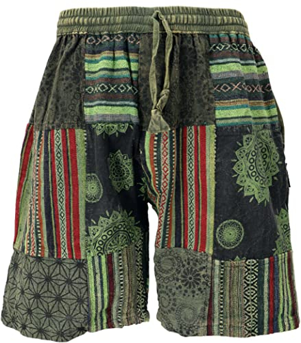 GURU SHOP Ethno Yogashorts, Patchwork Shorts - Grün, Herren, Baumwolle, Size:M