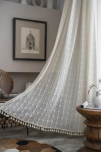 Yaofeiou Beige Vintage Vorhänge Landhausstil Häkeln Stricken Gardinen Aushöhlen Quaste 2 Stück Gardinen Leinen Transluzente Verdunklung Gardinen für Küche Wohnzimmer Schlafzimmer, B150xH220cm