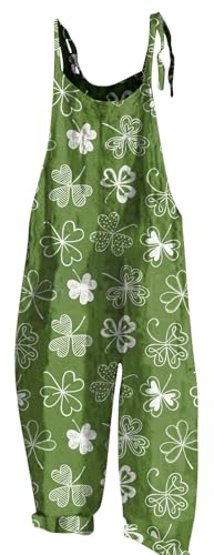 RMBLYfeiye Jeans Latzhose Damen Hosenanzug Damen Elegant 2 Teiler Ski Latzhose Damen Kleeblatt Druck St Patricks Day Jumpsuit Wide Leg Playsuit Kuschelig Strampler Ärmelloser Onesie Dark Green Xl