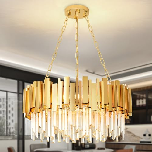 Lampadario moderno in cristallo oro, illuminazione a sospensione rotonda in cristallo per soggiorno, sala da pranzo, camera da letto, ristorante, E14 x 8, D60 cm