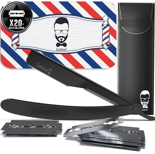 Rasoio a mano libera 20 Mezze lamette |kit barba uomo manuale viso professionale barbuto classico precisione vintage tradizionale barbiere lame rasatura contorni manico (Nero 2)
