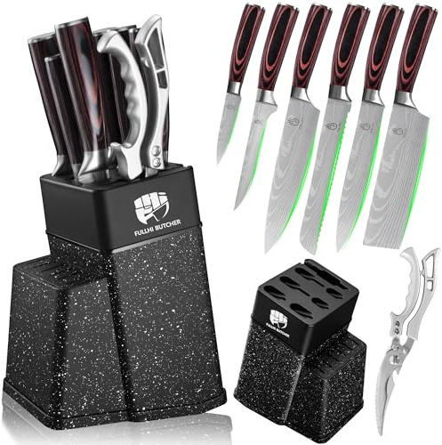 FULLHI 8-delad blockknivset, kockknivset med block och vässare, köksknivset, flerfärgat handtag, presenter till män kvinnor (Kaffe trä)