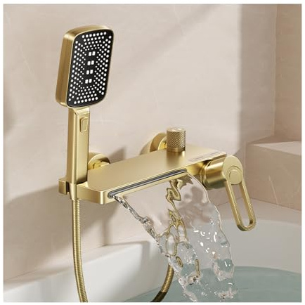 SWHC Robinet de Baignoire avec Douchette, Mitigeur Baignoire Cascade Mitigeur Douche Chaud ou Froid Robinet Douche Mural Or Brossé Robinet Salle Bain Baignoire Laiton