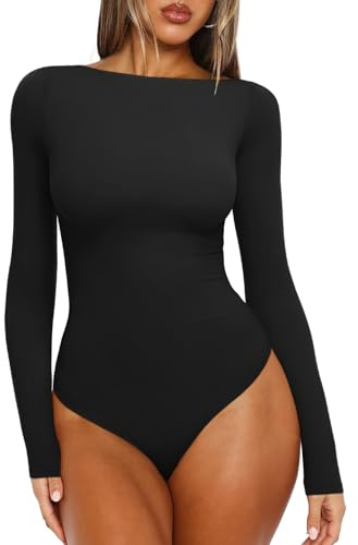 REORIA Women's Boat Neck Long Sleeve Bodysuit Basic Going Out Body Suits Tops 2025 Black Medium