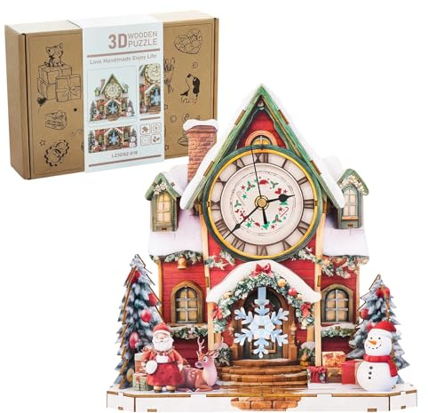 3D Wooden Puzzle Clock - DIY House Model Kit for Adults to Build, Functional Wall Clock with Moving Pendulum, Wood Craft Hobby Set, Unique Valentine's Day Gift for Him Her