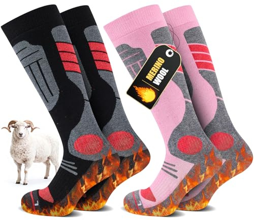 SukModen 2 Par Skisockar i Merinovilla För Damer Och Herrar, Värmande ull Termosockar Tjocka Vintersockar För Kallt Väder, Snö, Skidåkning, Snowboard, Jakt, Vandring