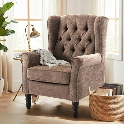 COLAMY Mid-Century Modern Sessel Wohnzimmer, Gepolsterter Wingback-Sessel mit Knopfsteppung, loungesessel Bezug aus Gewebe mit Massivholzbeinen für Wohnzimmer, Büro, Café - Braun