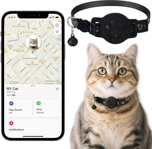 Collar GPS Gatos, GPS para Gatos sin Cuota Mensual, No Requiere SIM, Collar Localizador Compatible con Apple Find My (Solo iOS) (Collar + rastreador Negra)