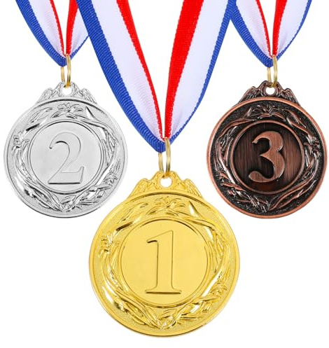 Aphumedc Gold Silver Bronze Award Medals, Mini Metal Medals for Pickleball School Sports Competitions, 3 Pack Zinc Alloy Awards with Red, White & Blue Ribbon for Kids, Birthday Party Favors Gifts