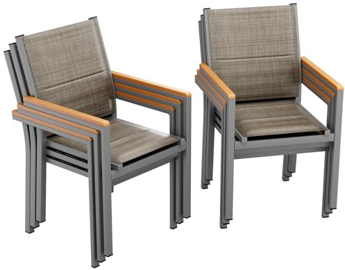 LIFERUN Trädgårdsstol, set med 6 stycken, aluminium, med quiltat ryggstöd och sits, stapelbar matstol, WPC-ledstång, balkongstolar, för terrass, balkong, terrass, pool, restauranger, linnebrun, 6 st