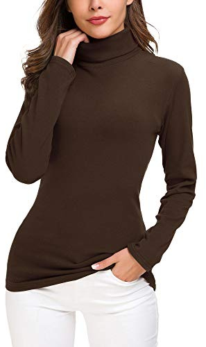EXCHIC Femmes Solide Ajustée Pulls col Roulé Manche Longue élastique Sweatshirt (L, Café)