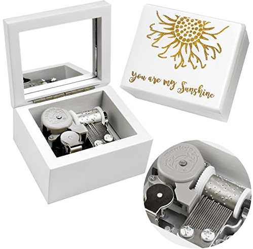 Sinzyo Music Box Carved Wood Wind Up Musical Box Gift for Christmas,Birthday,Valentine's Day(White Box, Tune : You are My Sunshine)
