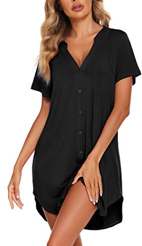 Ekouaer Women Sleep Dress Short Sleeve Nightshirt Deep V Neck Sleep Tee Split Hem Nightgown Black