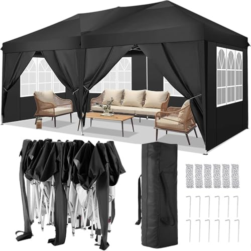 TOOLUCK Pavillon 3x7m Faltpavillon Wasserdicht Stabil Winterfest Faltbar Partyzelt UV-Schutz Pop Up Pavillon mit 6 Seitenteilen & 1 Tragetasche für Outdoor-Aktivitäten Gartenpartys, Schwarz