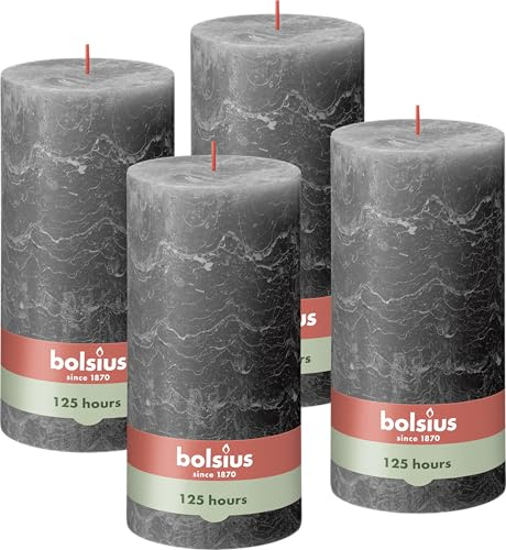 Bolsius Rustik Pillar Candle XXL – Anthracite – Set of 4 – Decorative Household Candles – Long Burning Time 125 Hours – Unscented – Includes Natural Vegan Wax – Without Palm Oil – 20 x 10 cm