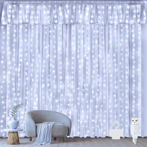 Ollny Curtain Lights Indoor Outdoor, 300LED 3mx3m Christmas Window Fairy Lights, Waterfall Hanging String Light Waterproof with USB 8 Modes for Bedroom/Wedding/Party/Xmas Decorations, Cool White