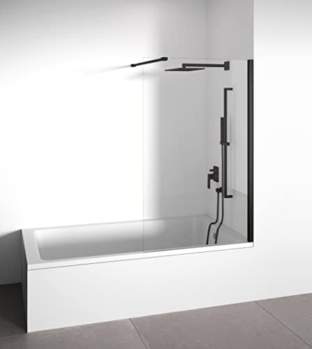 Paroi de baignoire frontale avec panneau fixe - Transparente - Verre trempé 6 mm Anticalcaire inclus - Profilés Noir Mat - Largeur 80 cm - Hauteur 145 cm
